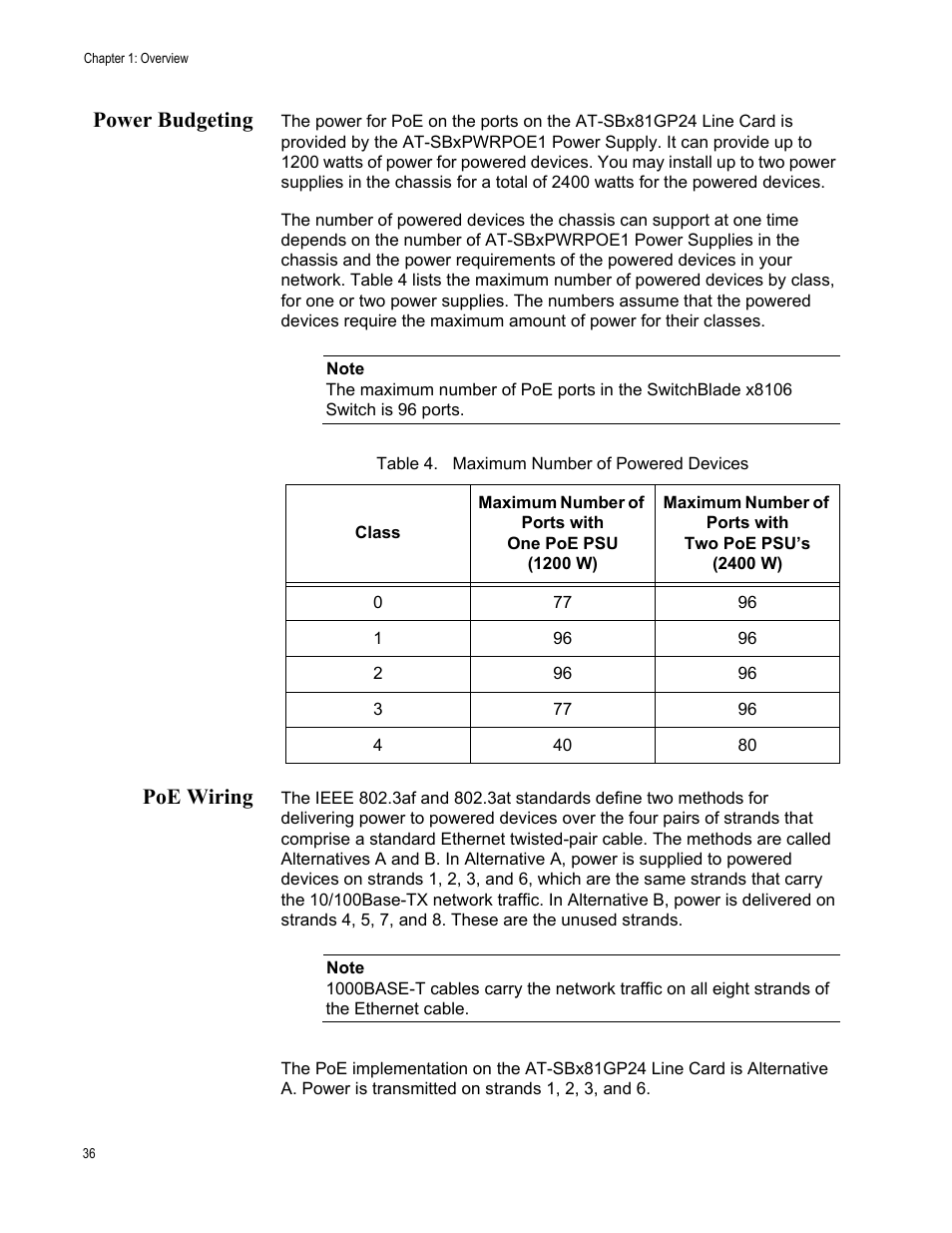 Power budgeting, Poe wiring, Power budgeting poe wiring | Table 4. maximum number of powered devices | Allied Telesis SwitchBlade x8106 User Manual | Page 36 / 240