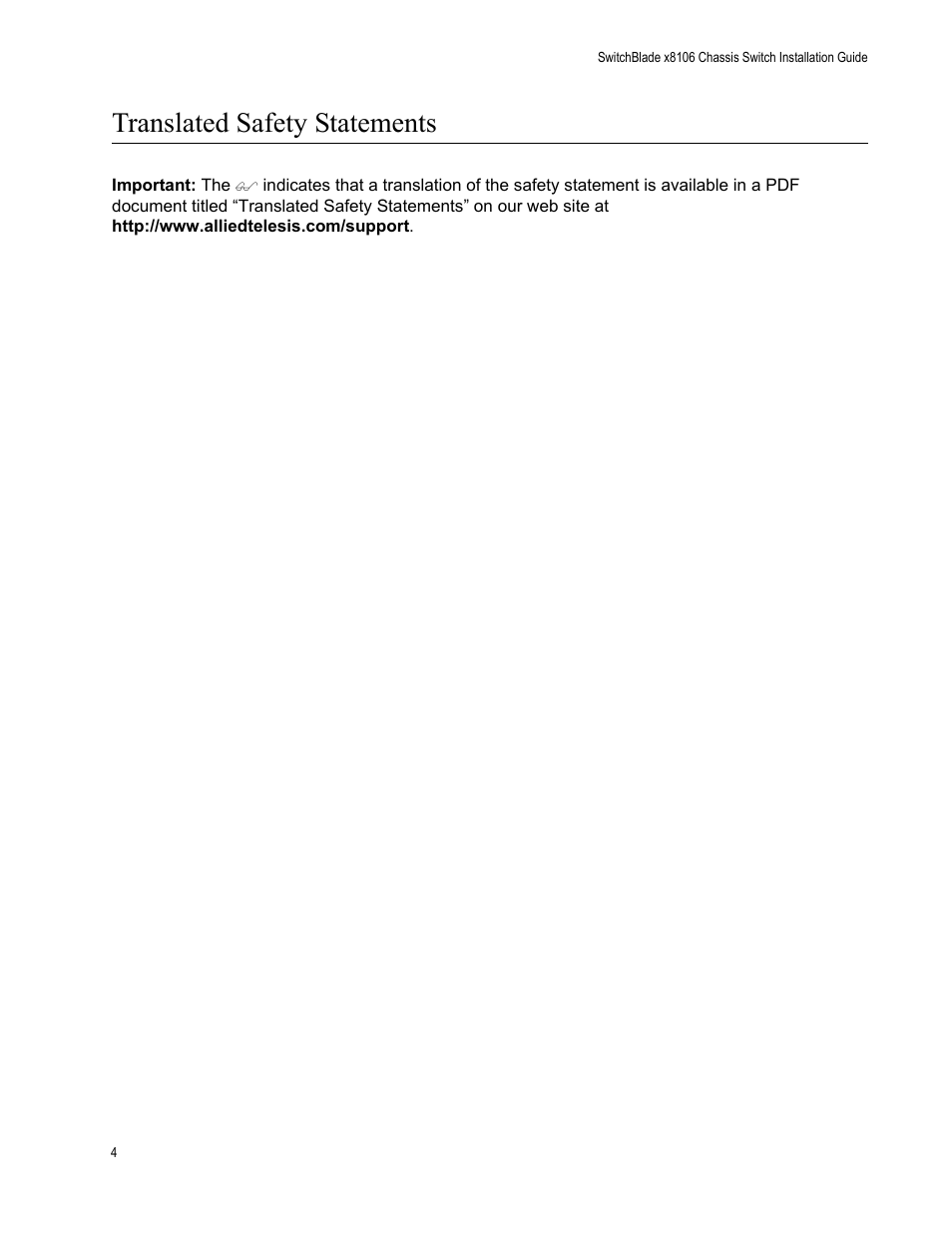 Translated safety statements | Allied Telesis SwitchBlade x8106 User Manual | Page 4 / 240