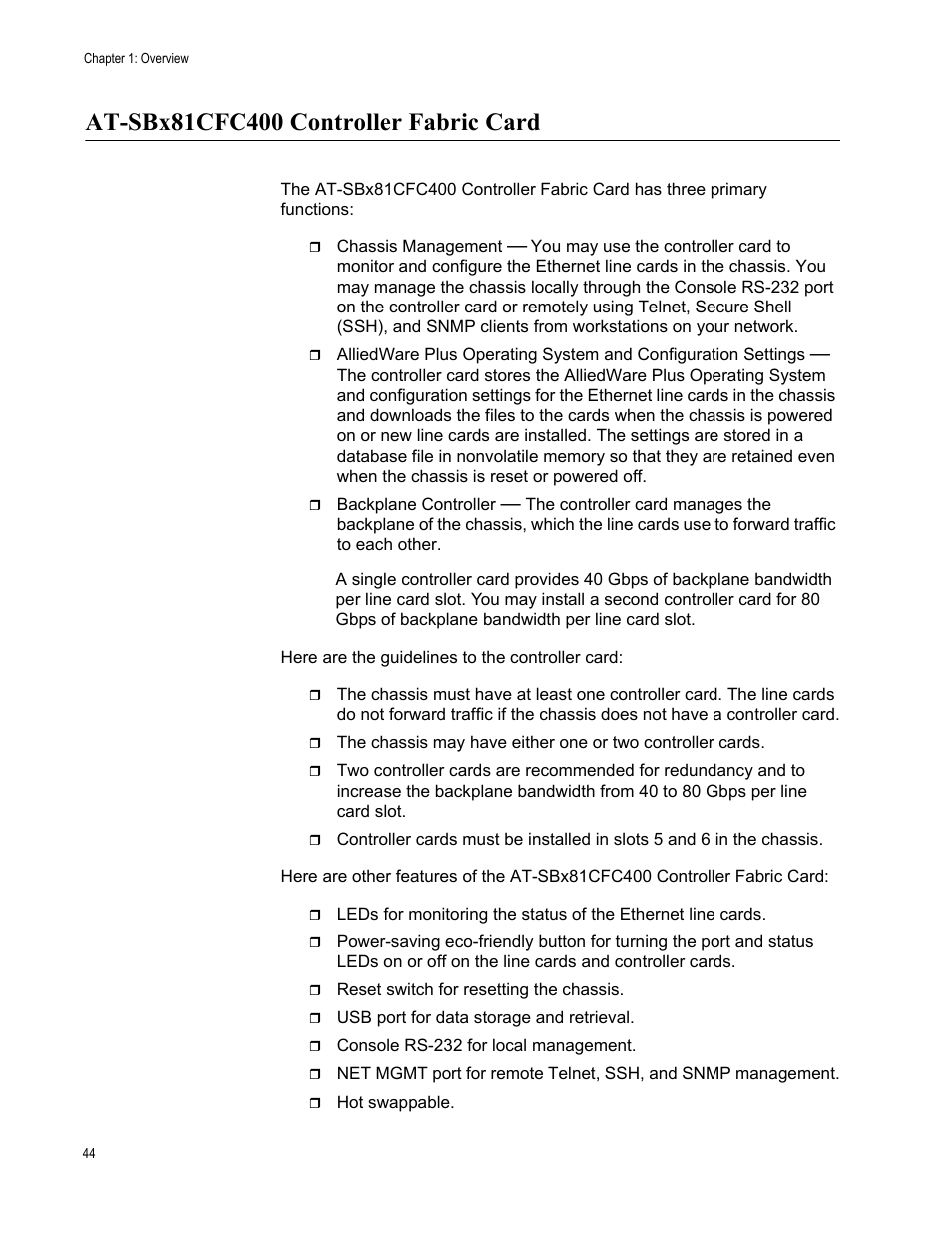 At-sbx81cfc400 controller fabric card | Allied Telesis SwitchBlade x8106 User Manual | Page 44 / 240