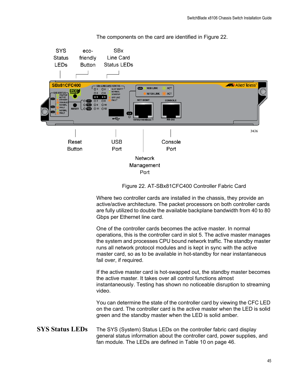 Sys status leds, Figure 22: at-sbx81cfc400 controller fabric card | Allied Telesis SwitchBlade x8106 User Manual | Page 45 / 240