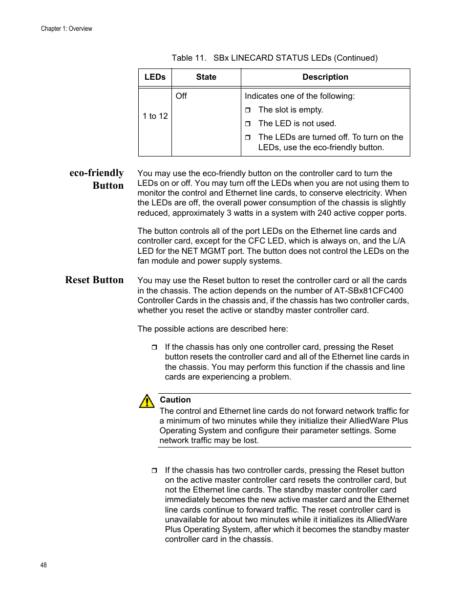 Eco-friendly button, Reset button, Eco-friendly button reset button | Allied Telesis SwitchBlade x8106 User Manual | Page 48 / 240