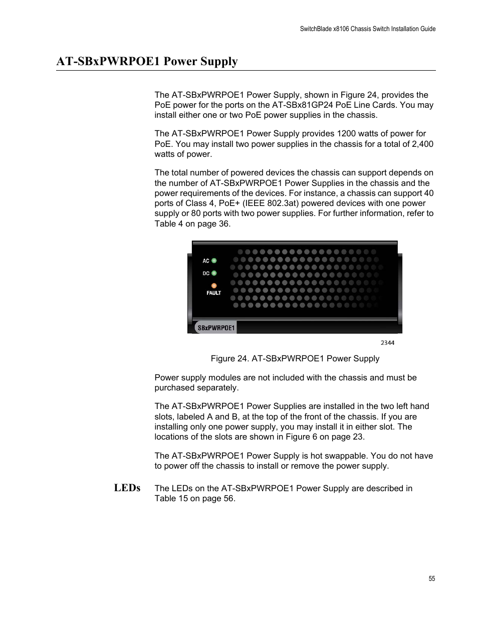 At-sbxpwrpoe1 power supply, Leds, Figure 24: at-sbxpwrpoe1 power supply | Allied Telesis SwitchBlade x8106 User Manual | Page 55 / 240