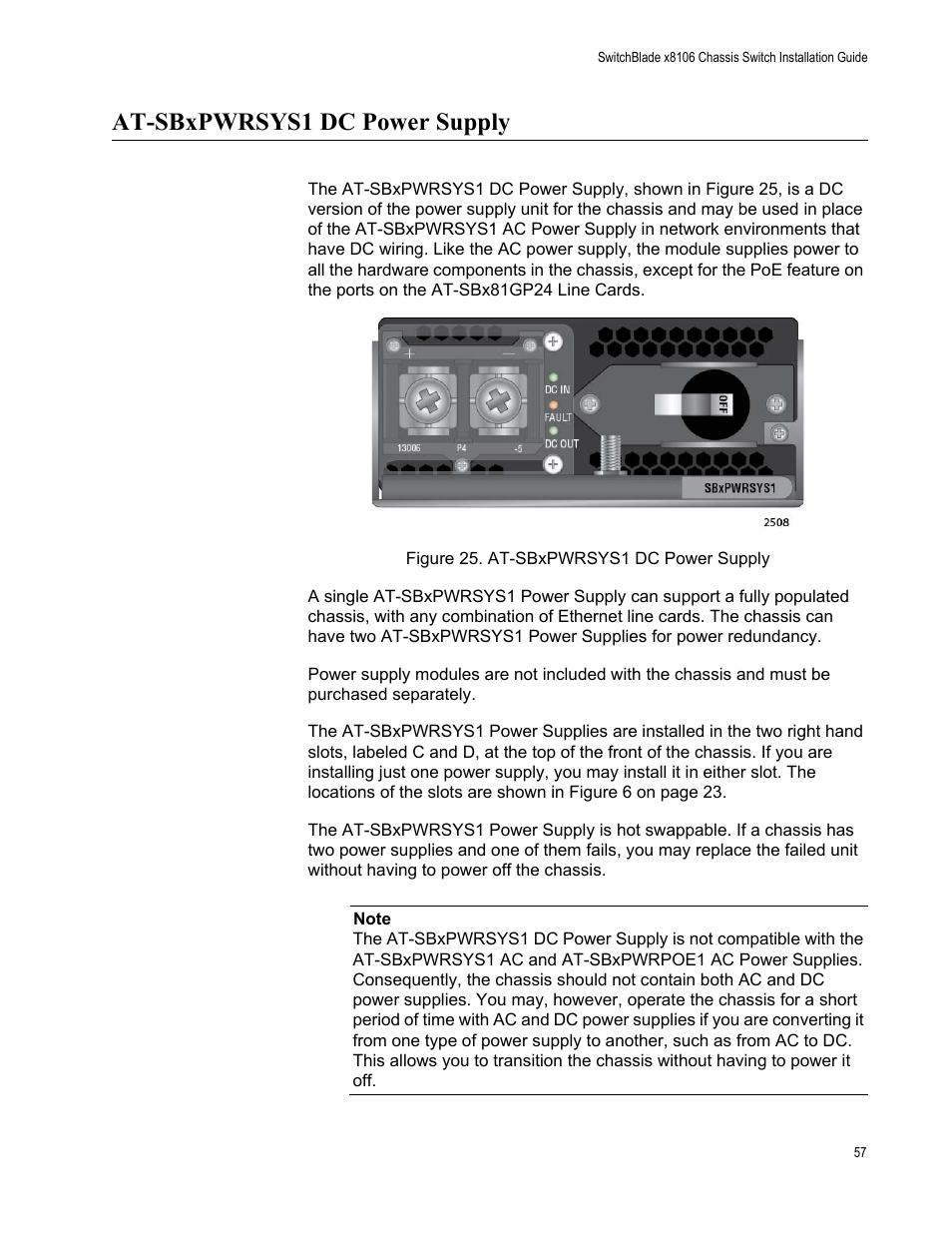 At-sbxpwrsys1 dc power supply, Figure 25: at-sbxpwrsys1 dc power supply | Allied Telesis SwitchBlade x8106 User Manual | Page 57 / 240