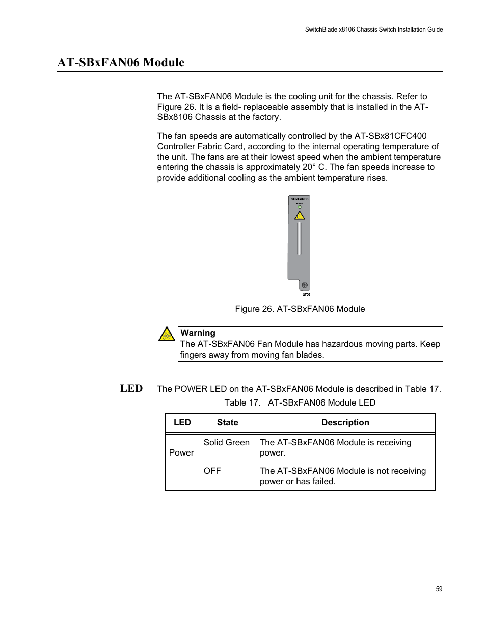 At-sbxfan06 module, Figure 26: at-sbxfan06 module, Table 17. at-sbxfan06 module led | Allied Telesis SwitchBlade x8106 User Manual | Page 59 / 240