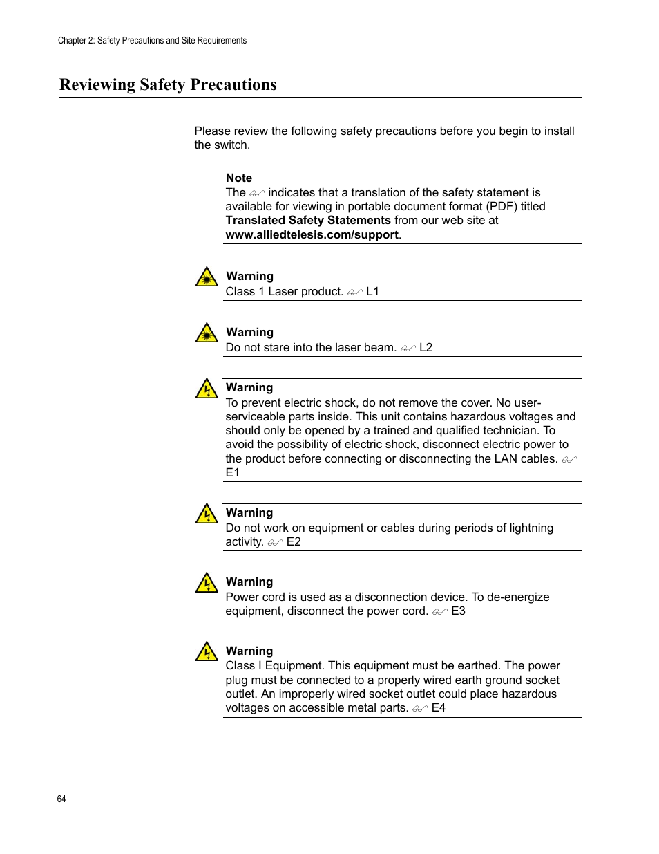 Reviewing safety precautions | Allied Telesis SwitchBlade x8106 User Manual | Page 64 / 240