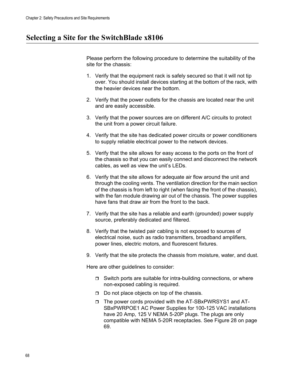 Selecting a site for the switchblade x8106 | Allied Telesis SwitchBlade x8106 User Manual | Page 68 / 240