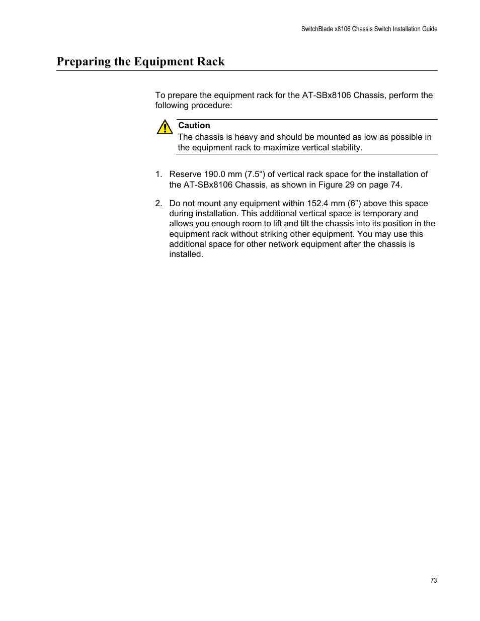 Preparing the equipment rack | Allied Telesis SwitchBlade x8106 User Manual | Page 73 / 240