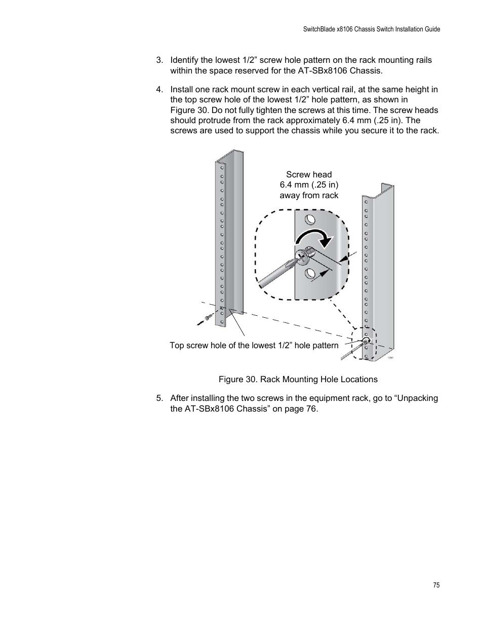 Figure 30: rack mounting hole locations | Allied Telesis SwitchBlade x8106 User Manual | Page 75 / 240