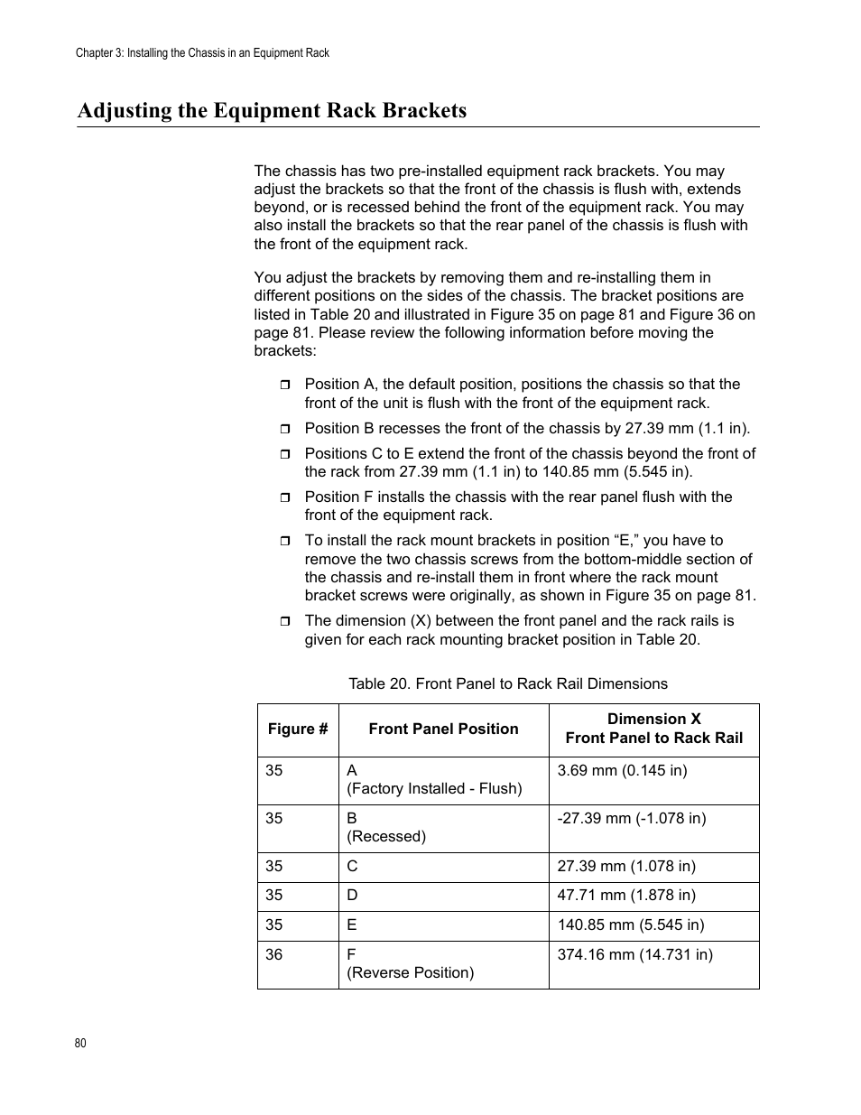 Adjusting the equipment rack brackets, Table 20. front panel to rack rail dimensions | Allied Telesis SwitchBlade x8106 User Manual | Page 80 / 240