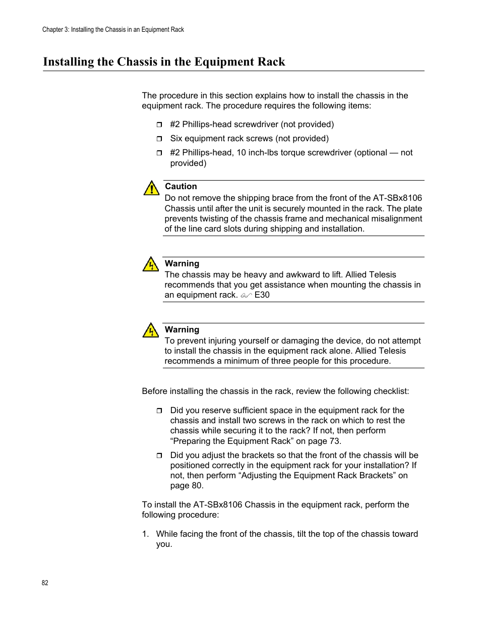 Installing the chassis in the equipment rack | Allied Telesis SwitchBlade x8106 User Manual | Page 82 / 240