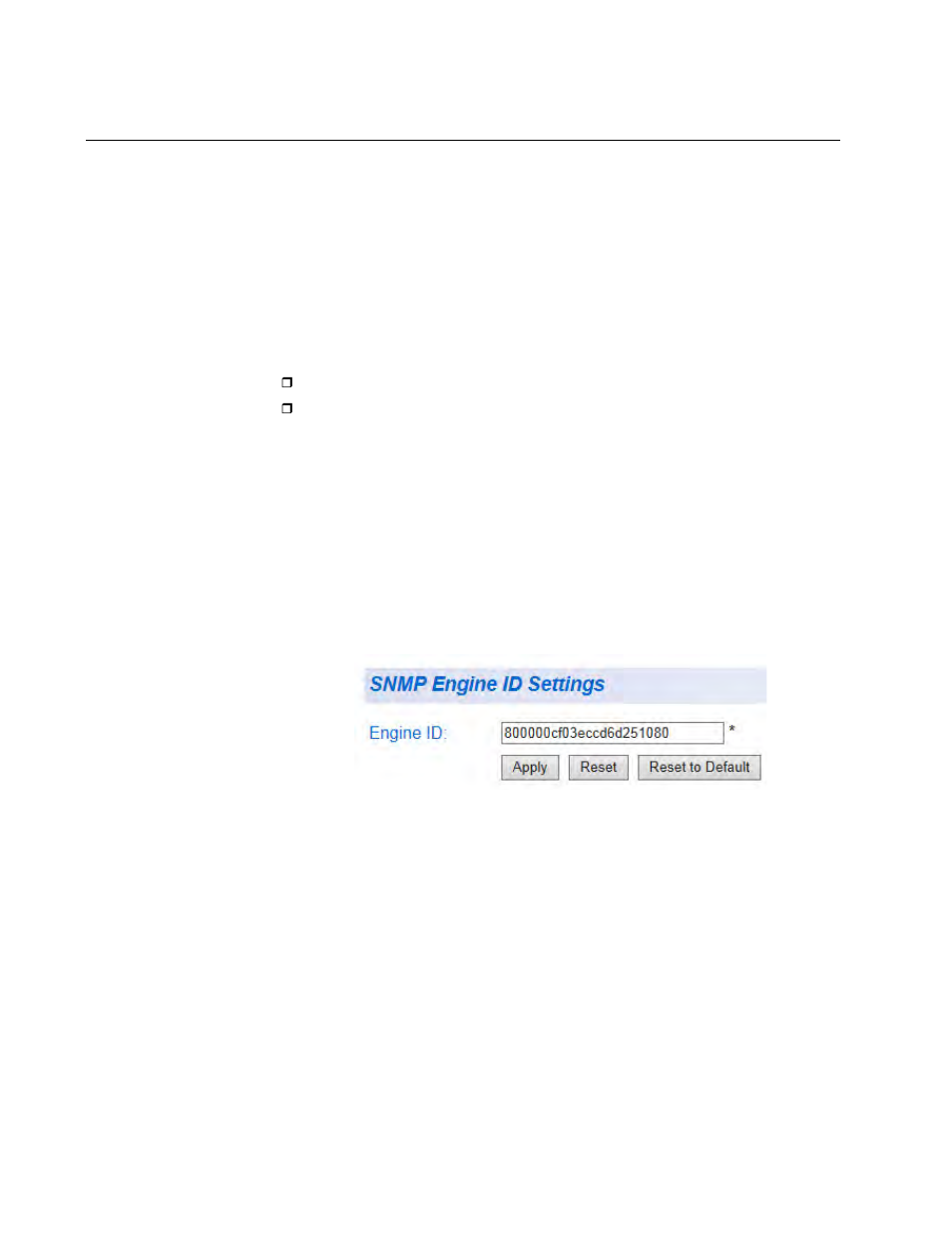 Snmp engine id, Modifying snmp engine id, Resetting snmp engine id | Modifying snmp engine id resetting snmp engine id, Figure 90. snmp engine id settings | Allied Telesis AT-GS950/24 User Manual | Page 238 / 404