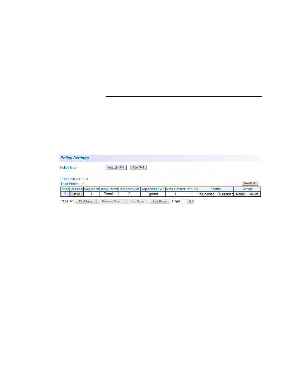 Change a policy status, Figure 94. policy settings example | Allied Telesis AT-GS950/16 User Manual | Page 247 / 404