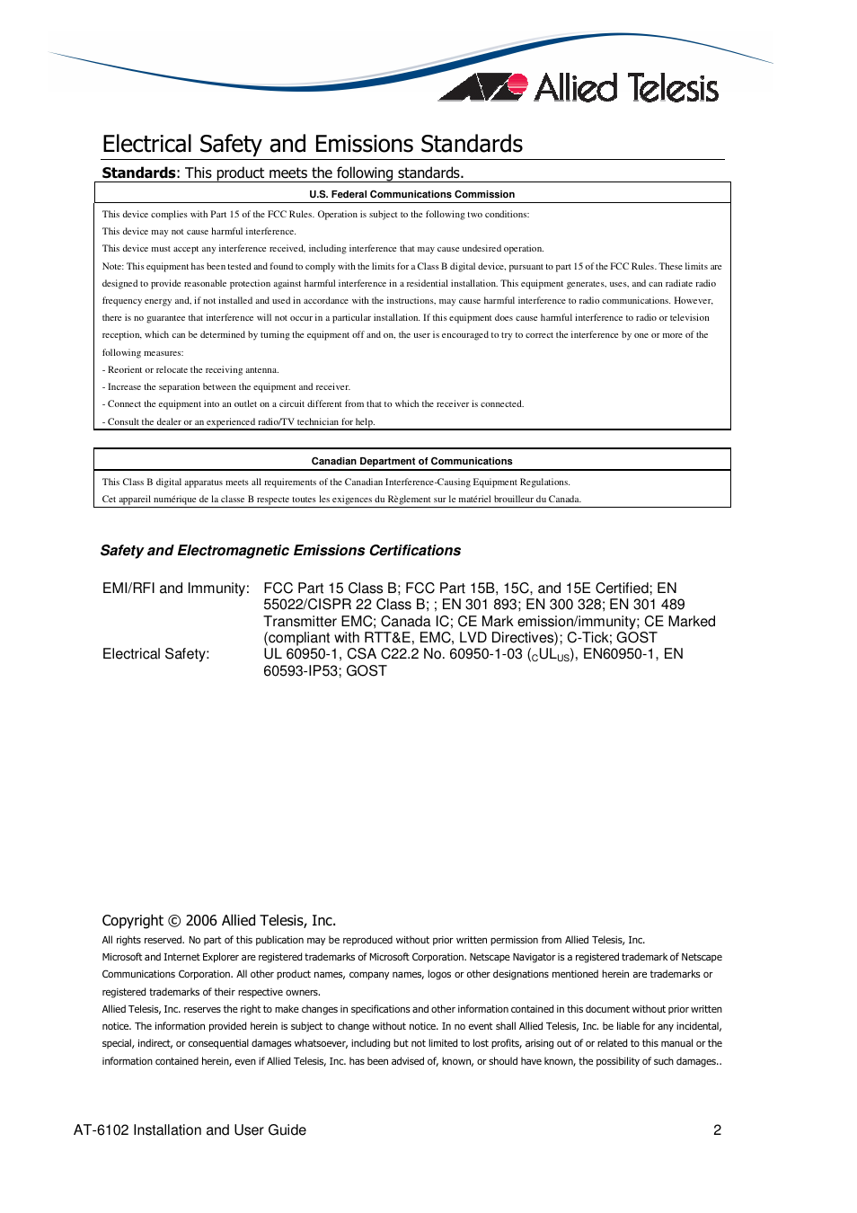 Electrical safety and emissions standards | Allied Telesis AT-6102 IEEE 802.3af Universal User Manual | Page 2 / 8