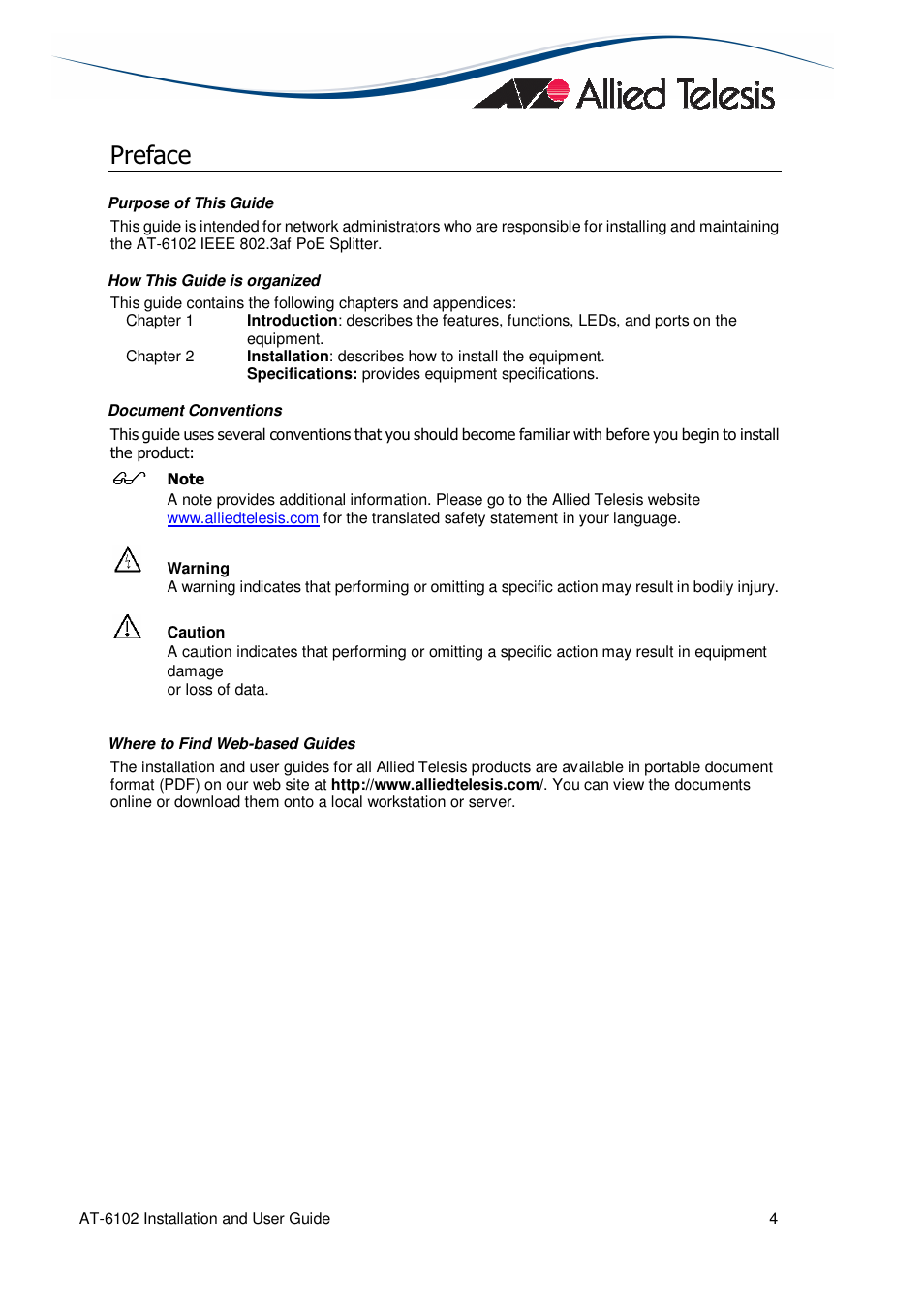 Preface | Allied Telesis AT-6102 IEEE 802.3af Universal User Manual | Page 4 / 8