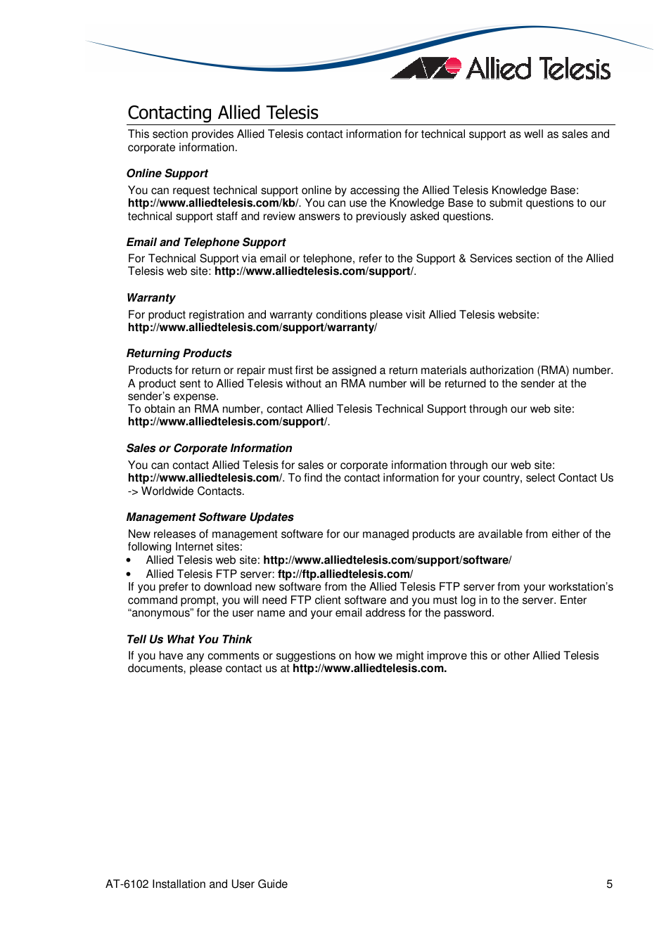 Contacting allied telesis | Allied Telesis AT-6102 IEEE 802.3af Universal User Manual | Page 5 / 8