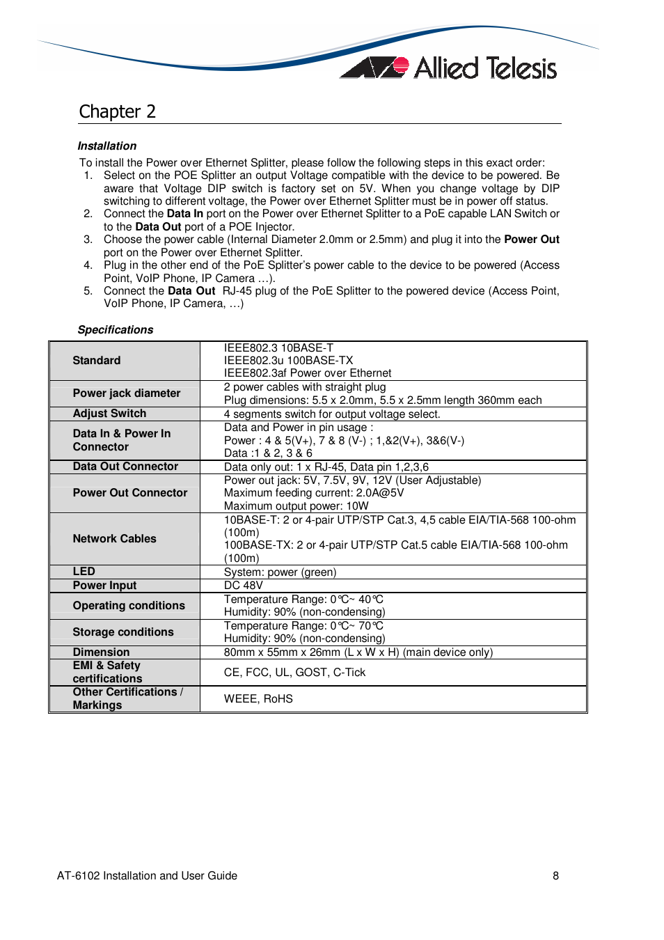 Chapter 2 | Allied Telesis AT-6102 IEEE 802.3af Universal User Manual | Page 8 / 8