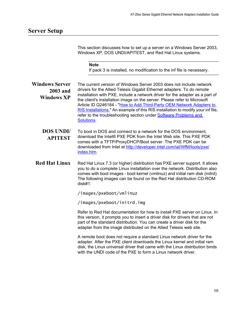 Server setup, Windows server 2003 and windows xp, Dos undi/ apitest | Red hat linux | Allied Telesis AT-2972T/2 User Manual | Page 105 / 140