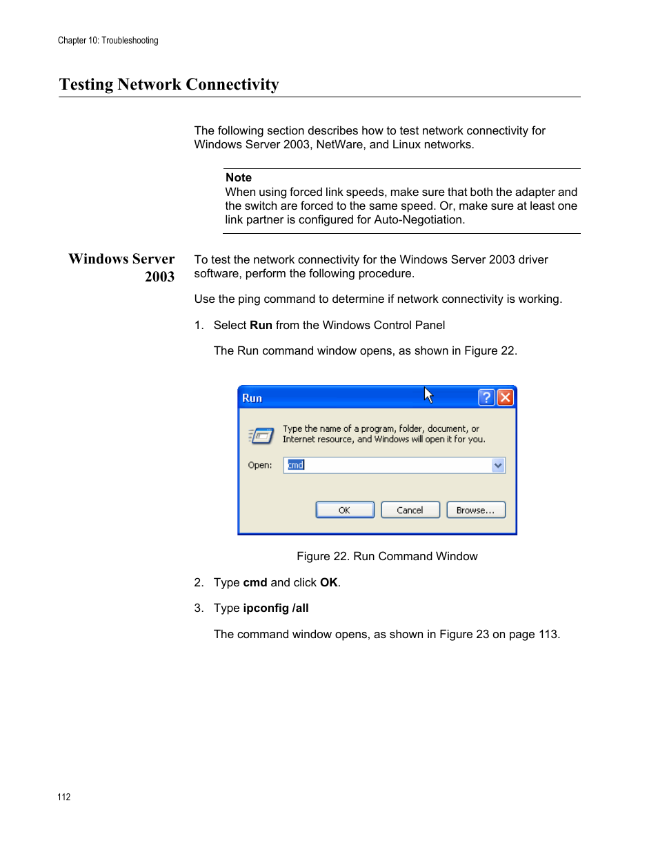 Testing network connectivity, Windows server 2003, Figure 22. run command window | Allied Telesis AT-2972T/2 User Manual | Page 112 / 140