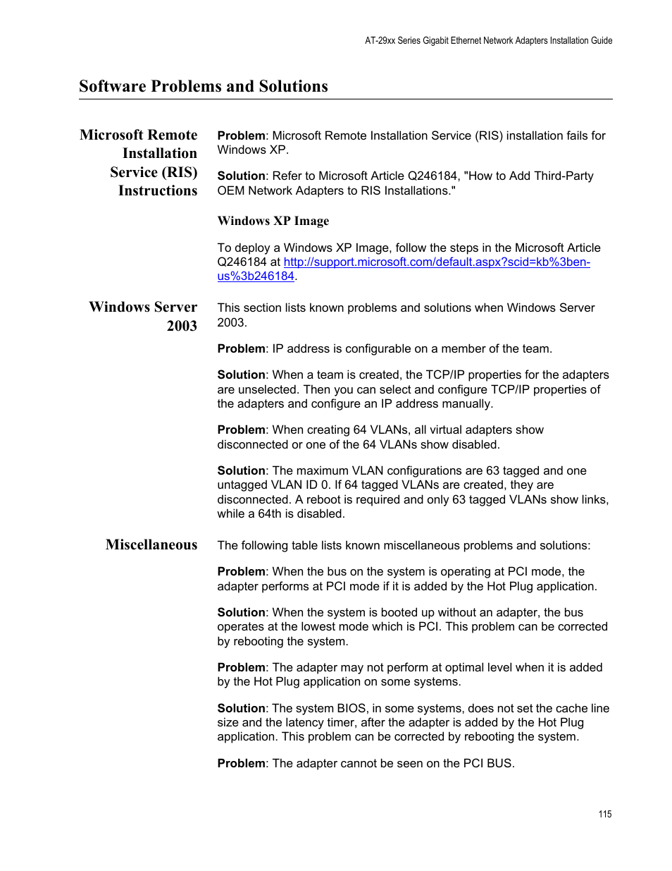 Software problems and solutions, Windows server 2003, Miscellaneous | Allied Telesis AT-2972T/2 User Manual | Page 115 / 140