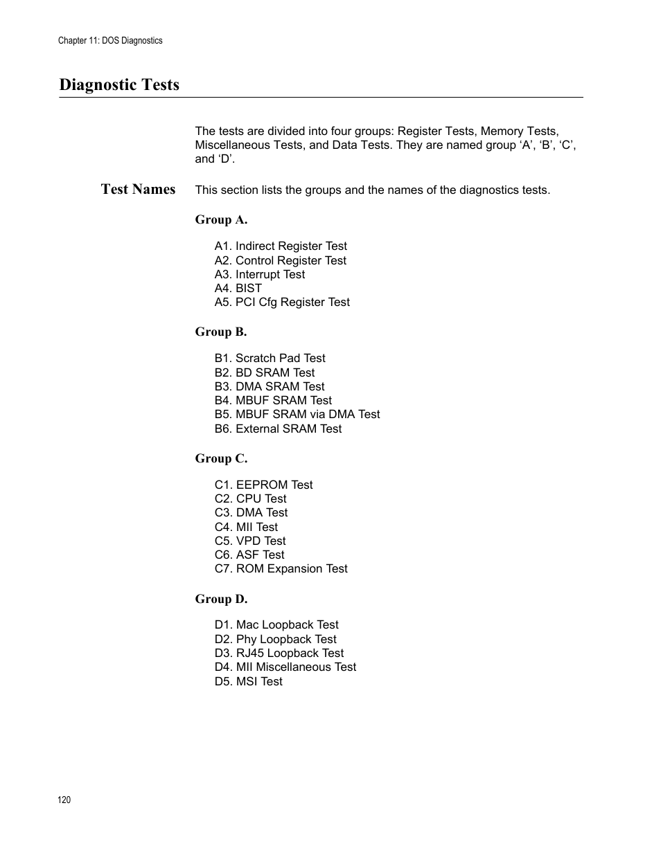 Diagnostic tests, Test names | Allied Telesis AT-2972T/2 User Manual | Page 120 / 140