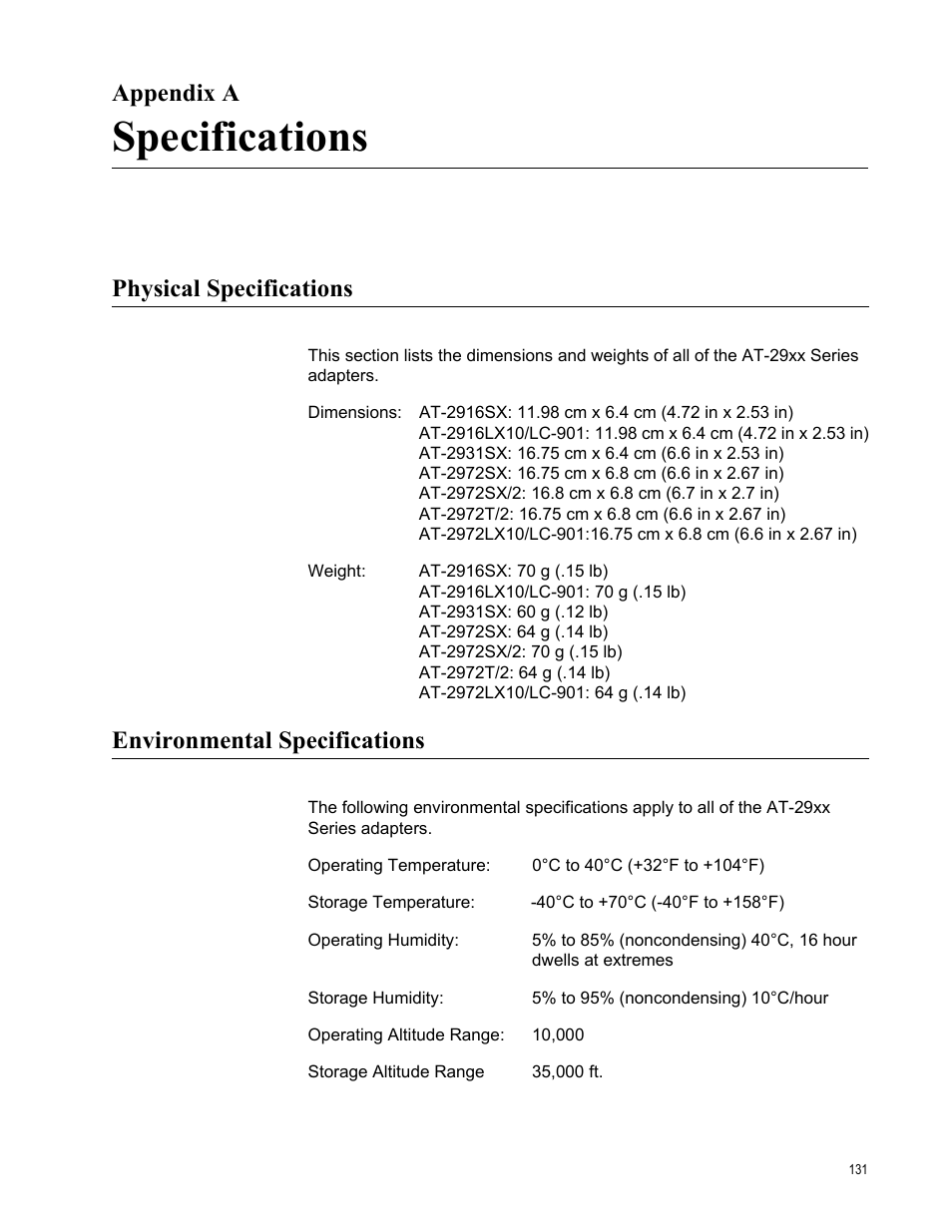 Appendix a, Specifications, Physical specifications | Environmental specifications, Appendix a: specifications | Allied Telesis AT-2972T/2 User Manual | Page 131 / 140