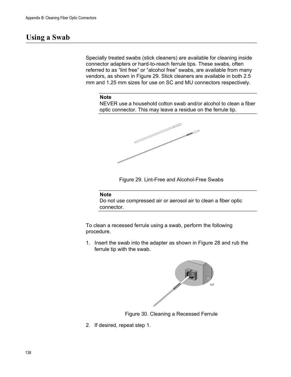 Using a swab, Figure 29. lint-free and alcohol-free swabs, Cleaning a recessed ferrule | Allied Telesis AT-2972T/2 User Manual | Page 138 / 140