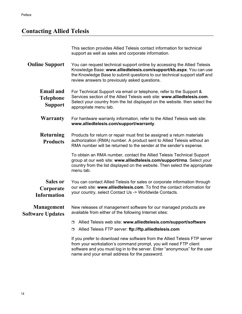 Contacting allied telesis, Online support, Email and telephone support | Warranty, Returning products, Sales or corporate information, Management software updates | Allied Telesis AT-2972T/2 User Manual | Page 14 / 140