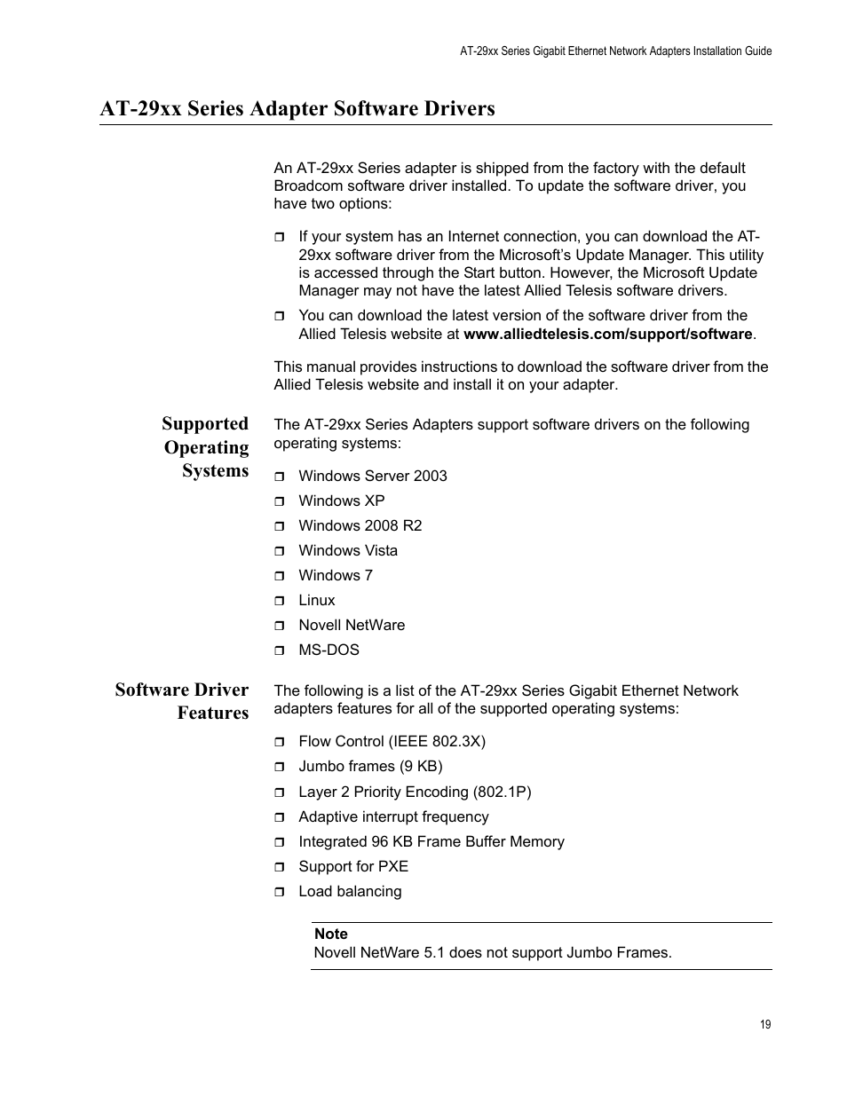 At-29xx series adapter software drivers, Supported operating systems, Software driver features | Allied Telesis AT-2972T/2 User Manual | Page 19 / 140