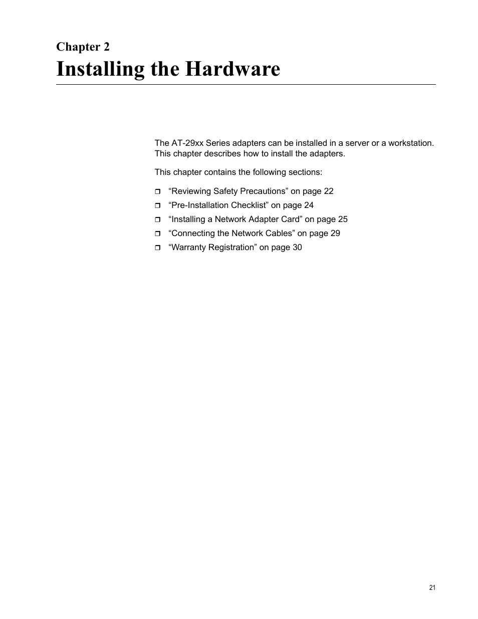 Chapter 2, Installing the hardware, R 2: installing the hardware | Allied Telesis AT-2972T/2 User Manual | Page 21 / 140