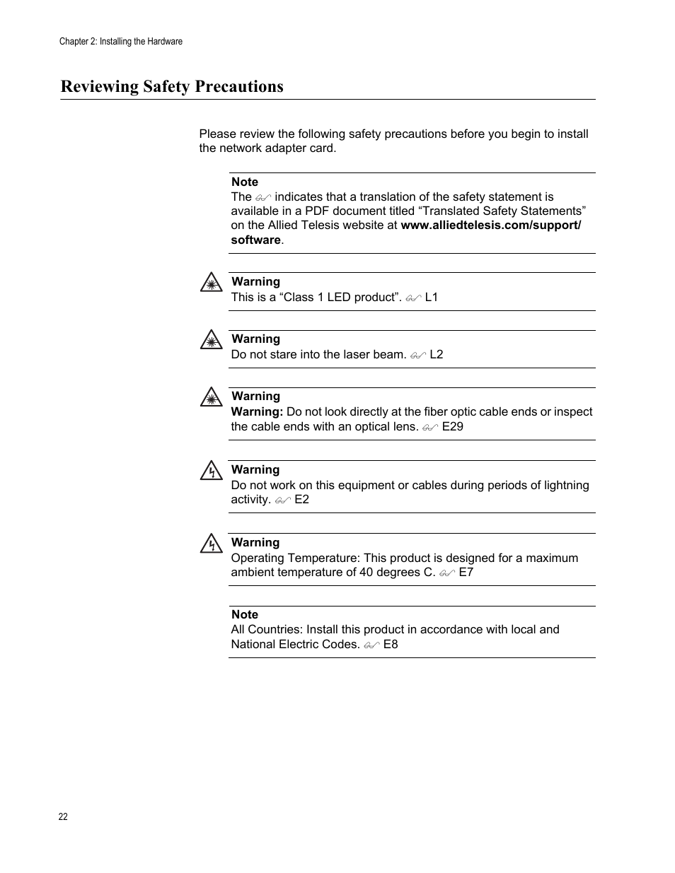 Reviewing safety precautions | Allied Telesis AT-2972T/2 User Manual | Page 22 / 140