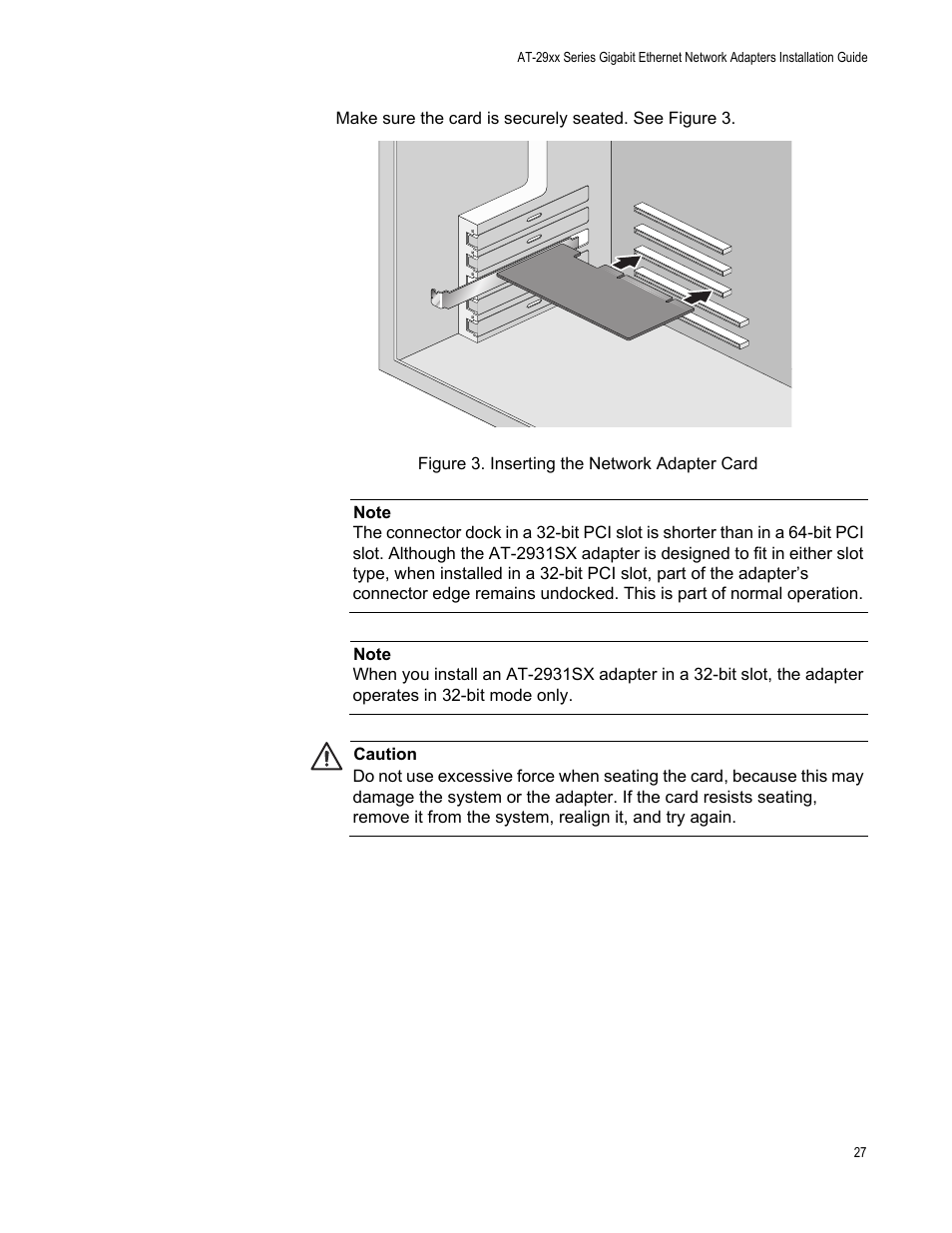 Figure 3. inserting the network adapter card | Allied Telesis AT-2972T/2 User Manual | Page 27 / 140