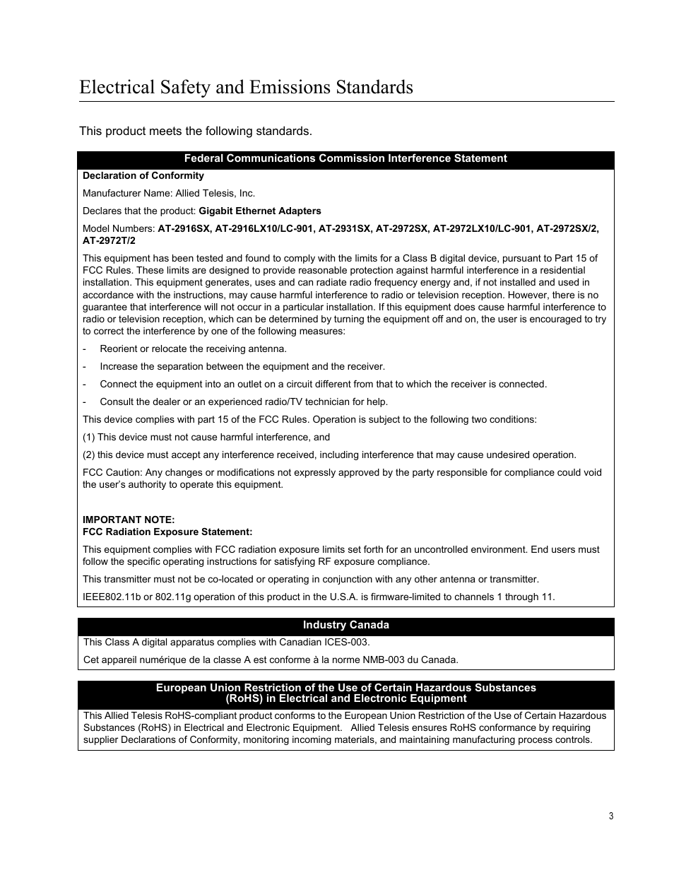Electrical safety and emissions standards | Allied Telesis AT-2972T/2 User Manual | Page 3 / 140
