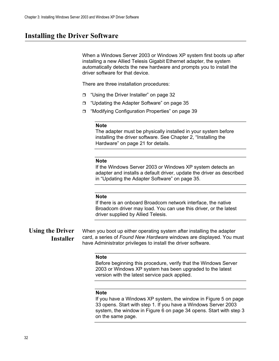 Installing the driver software, Using the driver installer | Allied Telesis AT-2972T/2 User Manual | Page 32 / 140