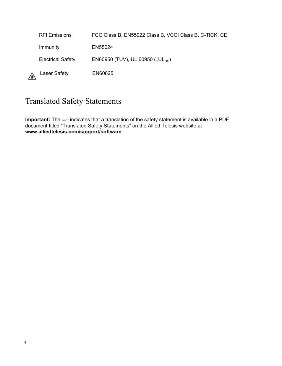 Translated safety statements | Allied Telesis AT-2972T/2 User Manual | Page 4 / 140