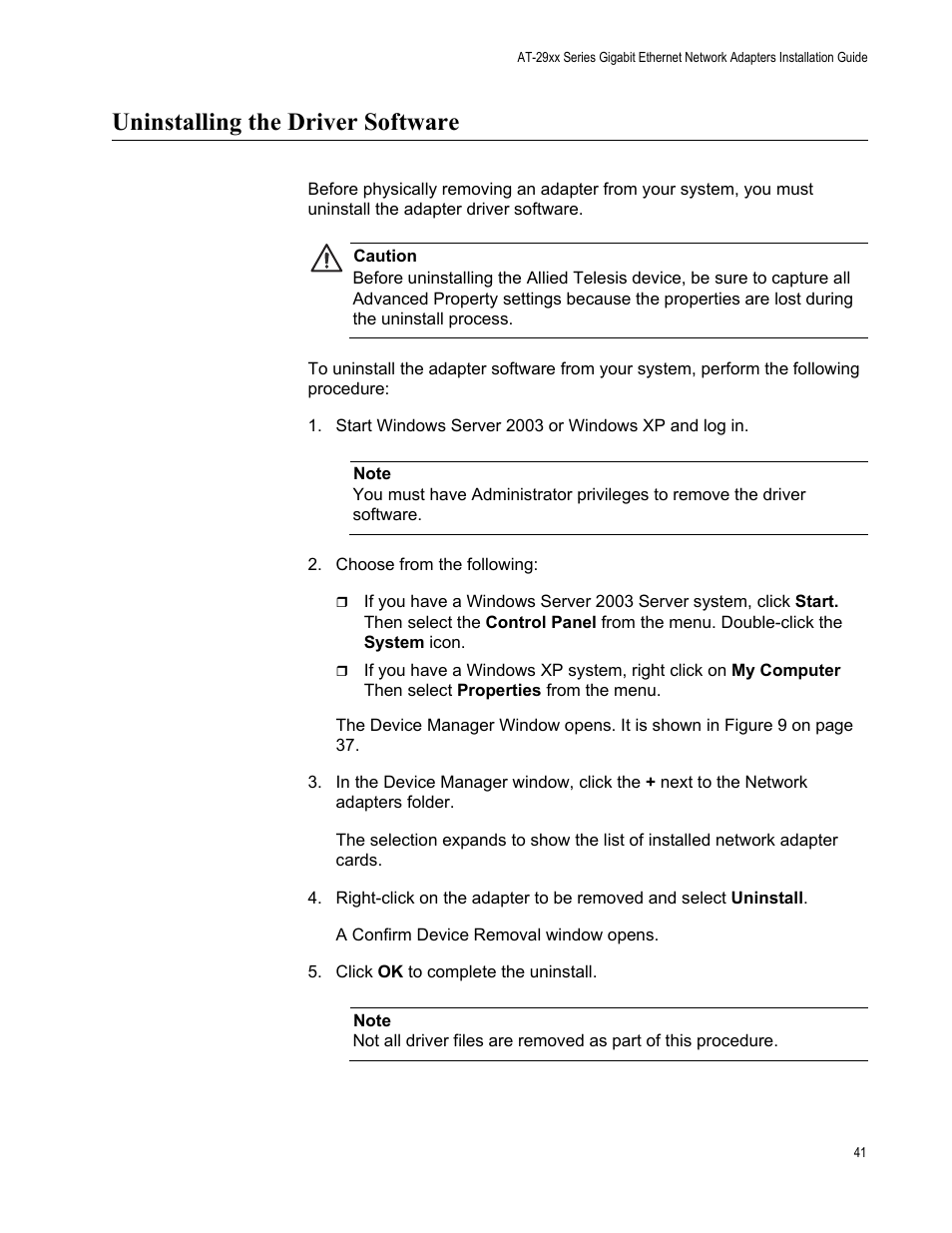 Uninstalling the driver software | Allied Telesis AT-2972T/2 User Manual | Page 41 / 140