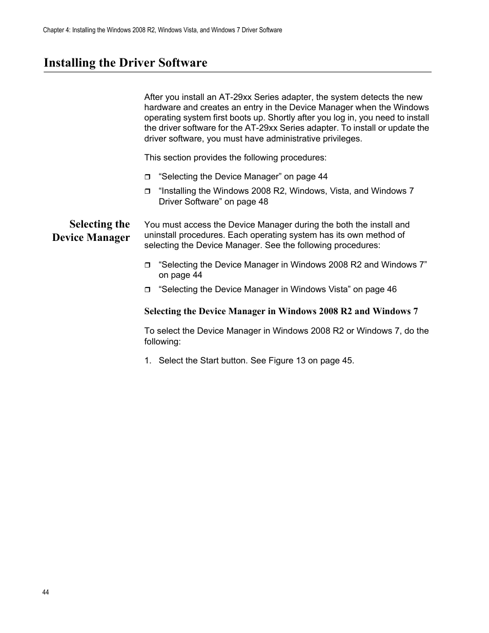 Installing the driver software, Selecting the device manager | Allied Telesis AT-2972T/2 User Manual | Page 44 / 140