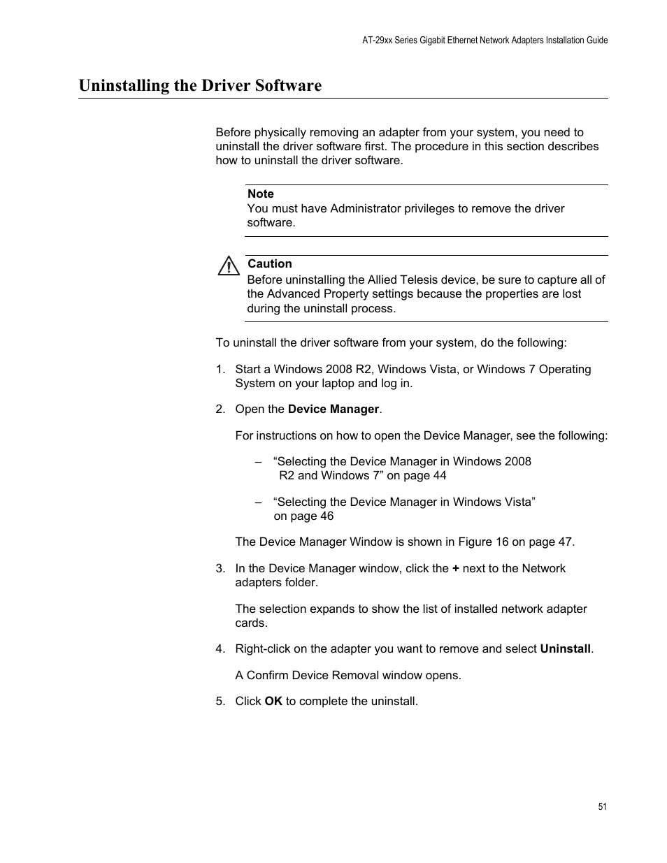 Uninstalling the driver software | Allied Telesis AT-2972T/2 User Manual | Page 51 / 140