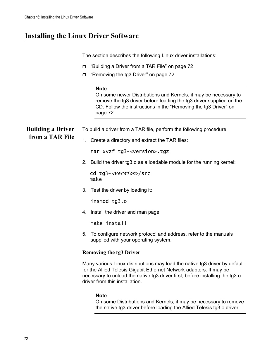 Installing the linux driver software, Building a driver from a tar file | Allied Telesis AT-2972T/2 User Manual | Page 72 / 140