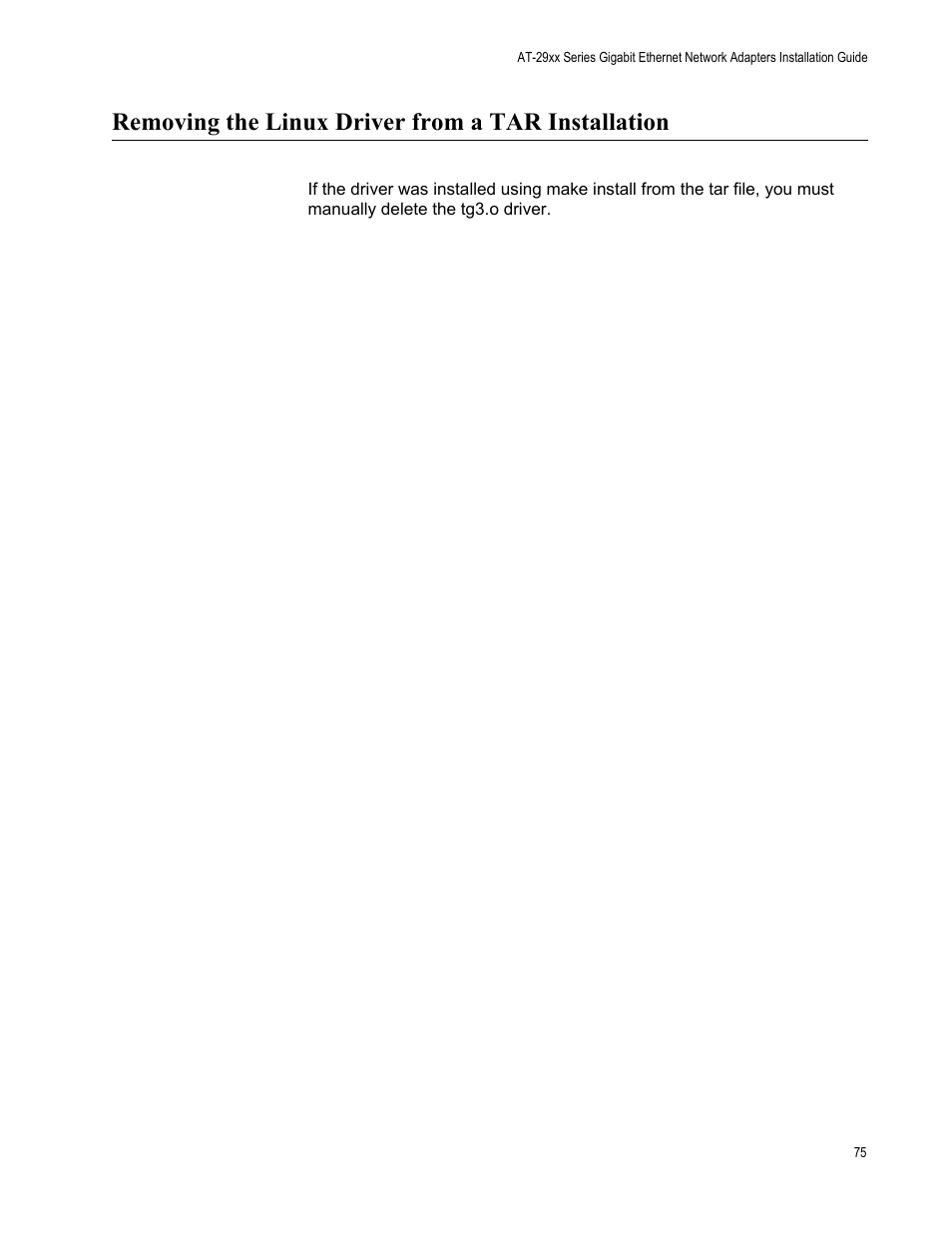 Removing the linux driver from a tar installation | Allied Telesis AT-2972T/2 User Manual | Page 75 / 140