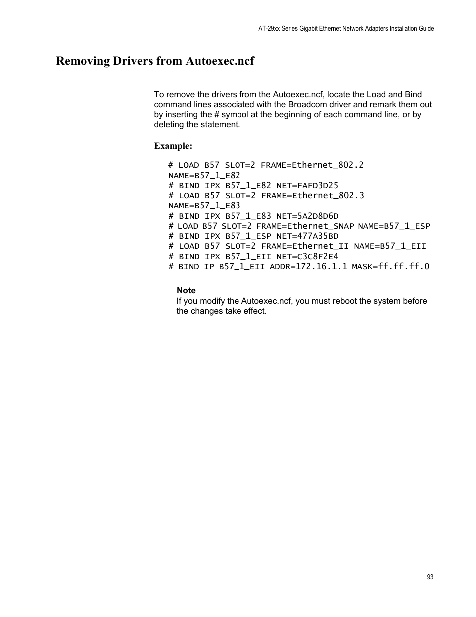 Removing drivers from autoexec.ncf | Allied Telesis AT-2972T/2 User Manual | Page 93 / 140