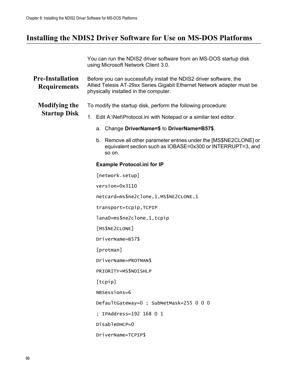 Pre-installation requirements, Modifying the startup disk | Allied Telesis AT-2972T/2 User Manual | Page 96 / 140