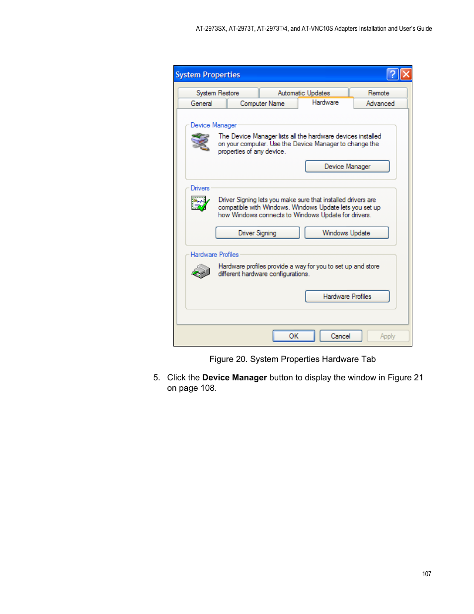 Figure 20. system properties hardware tab | Allied Telesis NetExtreme II Adapters User Manual | Page 107 / 178