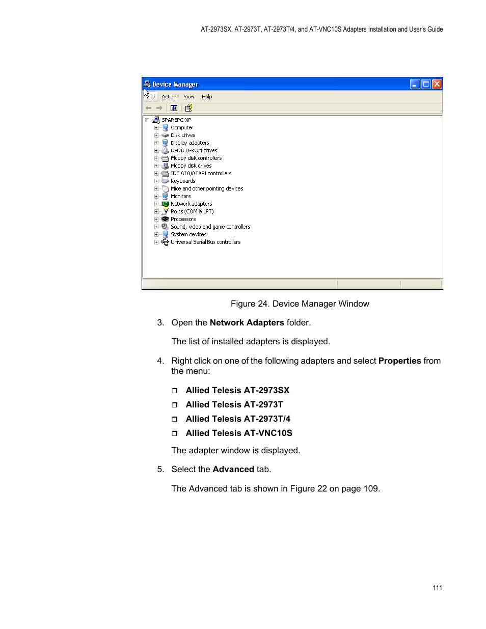 Figure 24. device manager window | Allied Telesis NetExtreme II Adapters User Manual | Page 111 / 178