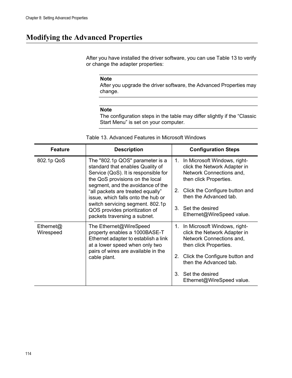 Modifying the advanced properties, Table 13: advanced features in microsoft windows | Allied Telesis NetExtreme II Adapters User Manual | Page 114 / 178