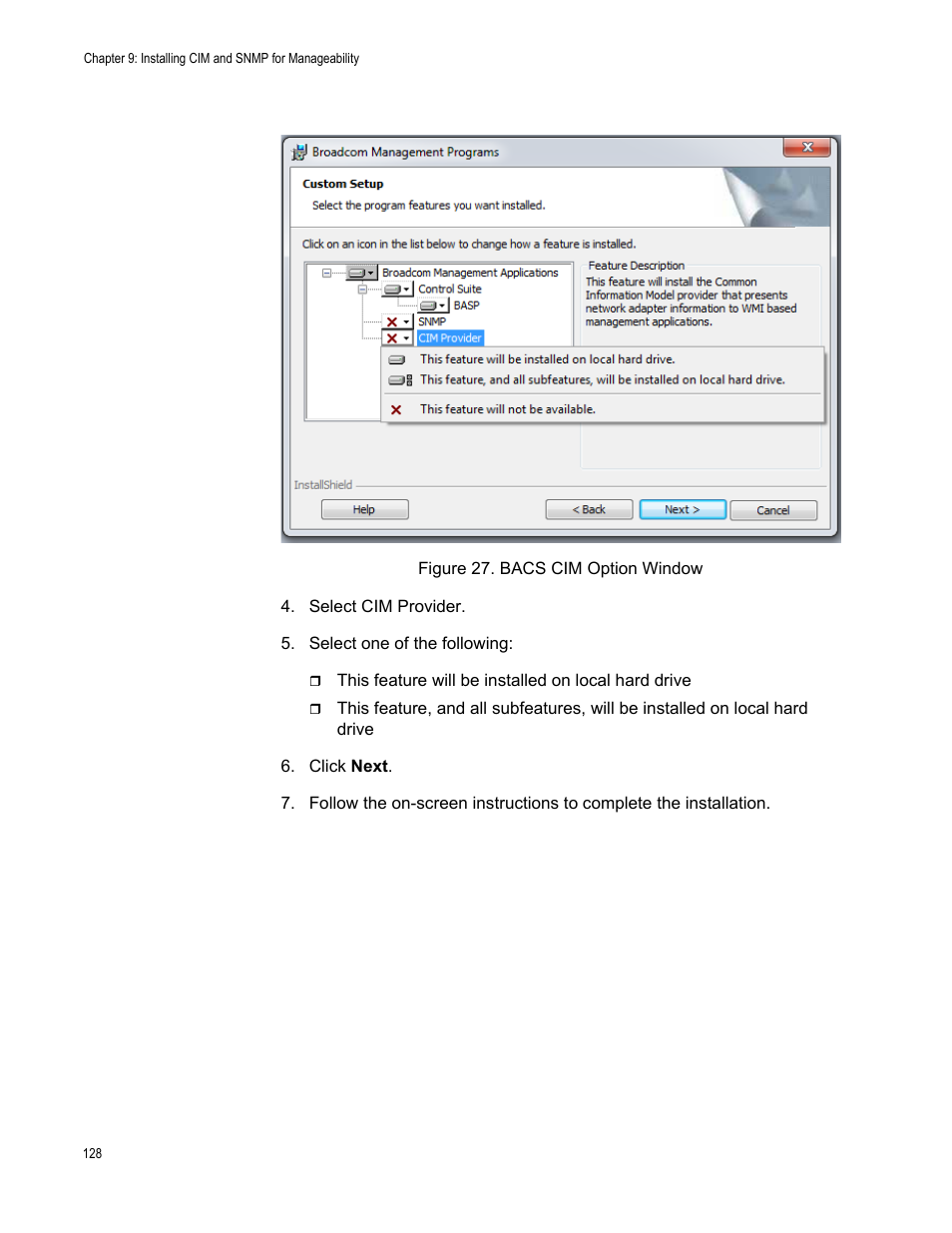 Figure 27. bacs cim option window | Allied Telesis NetExtreme II Adapters User Manual | Page 128 / 178