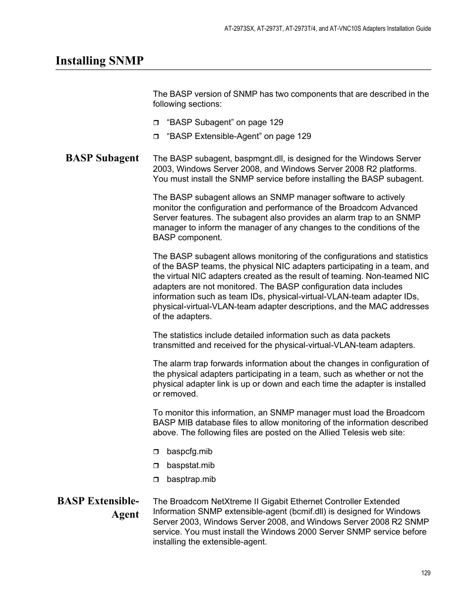 Installing snmp, Basp subagent, Basp extensible- agent | Basp subagent basp extensible-agent | Allied Telesis NetExtreme II Adapters User Manual | Page 129 / 178