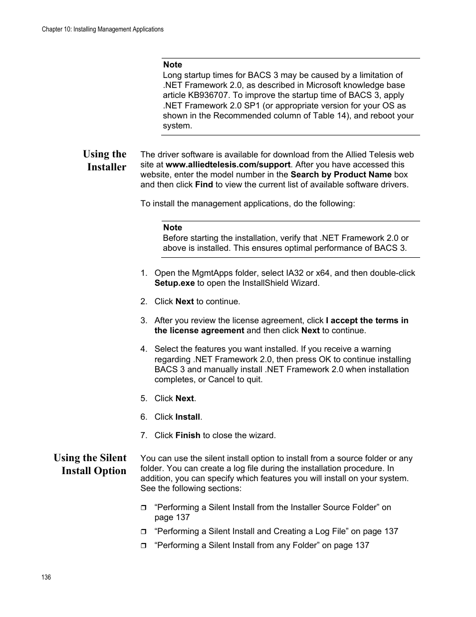 Using the installer, Using the silent install option | Allied Telesis NetExtreme II Adapters User Manual | Page 136 / 178