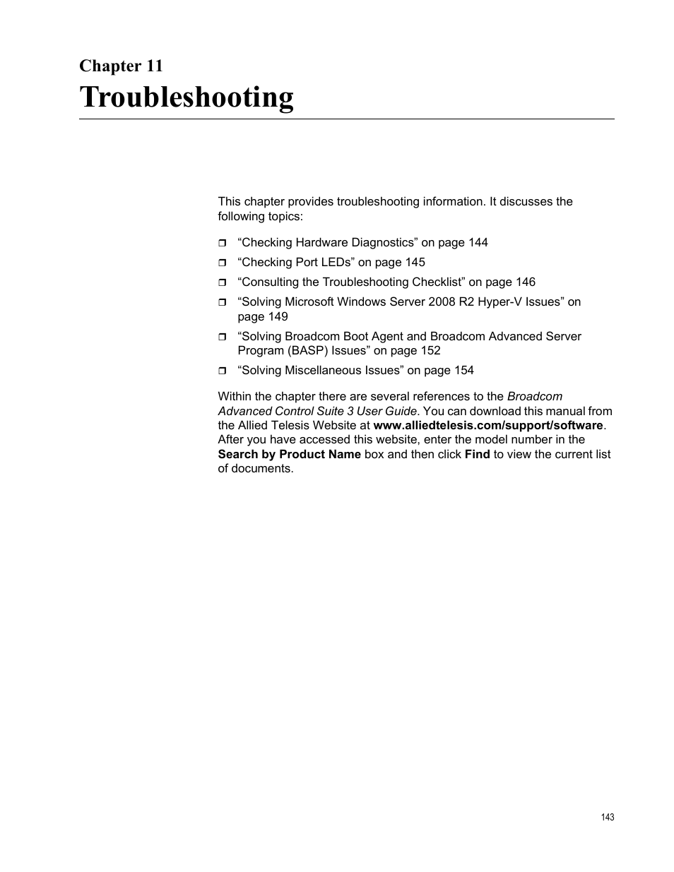 Chapter 11, Troubleshooting | Allied Telesis NetExtreme II Adapters User Manual | Page 143 / 178