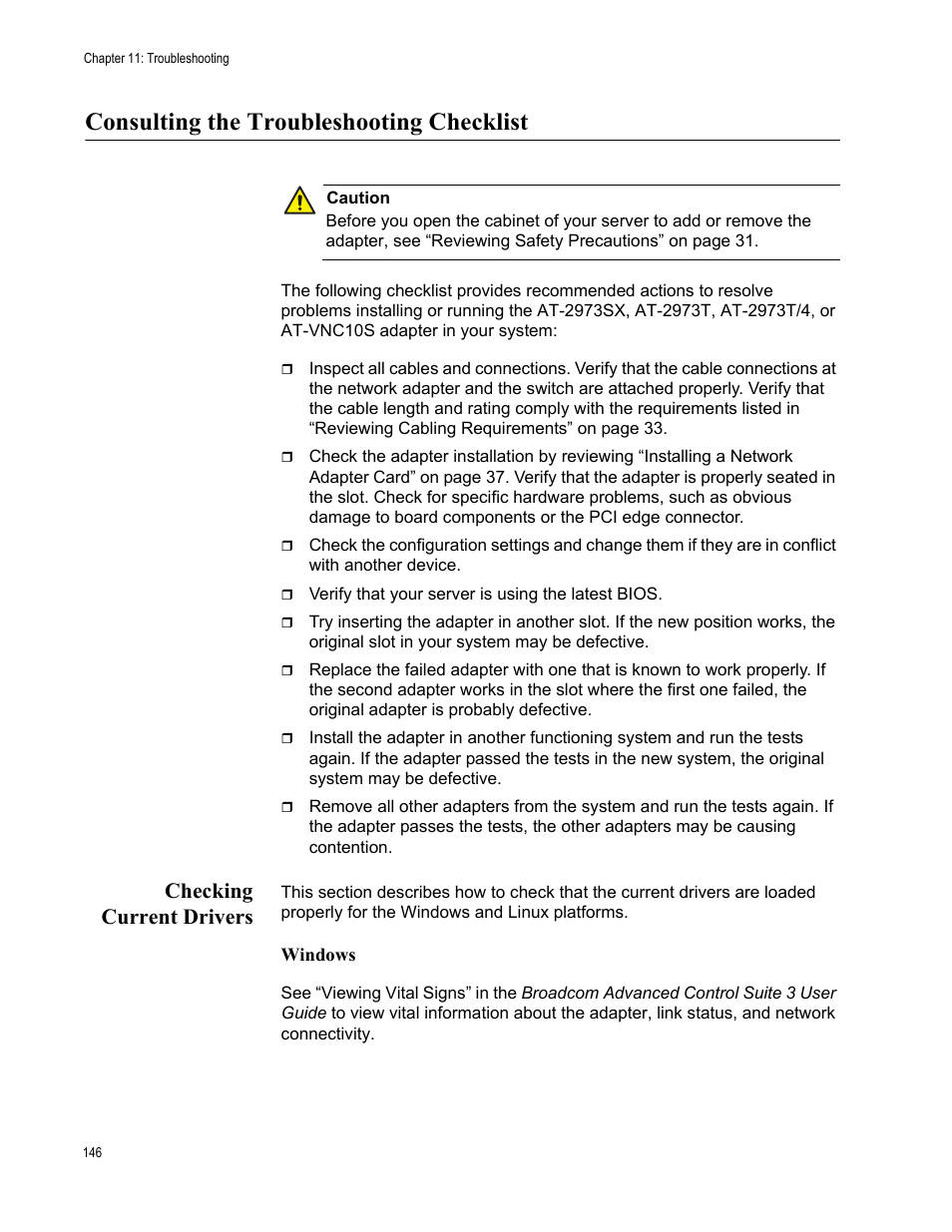 Consulting the troubleshooting checklist, Checking current drivers | Allied Telesis NetExtreme II Adapters User Manual | Page 146 / 178