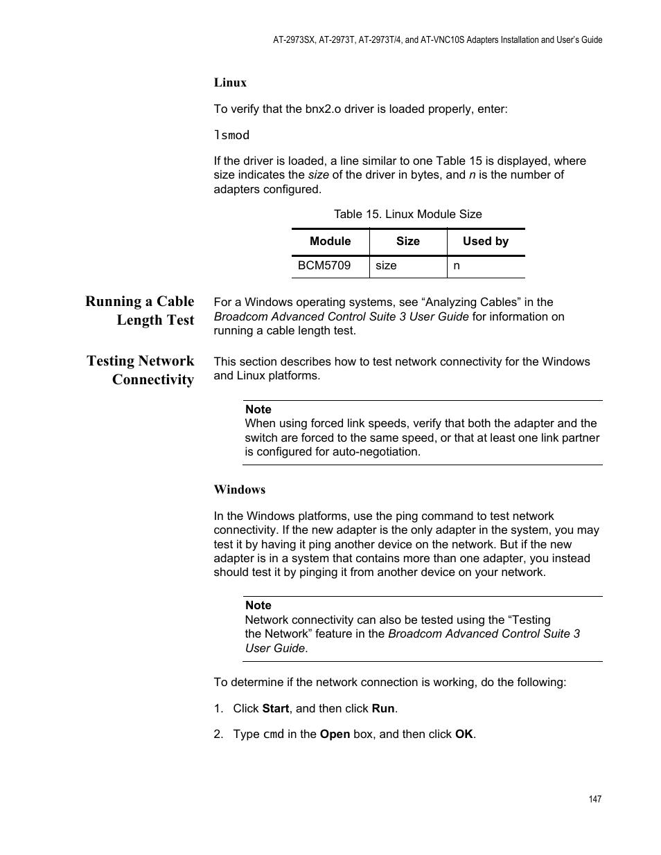 Running a cable length test, Testing network connectivity, Table 15: linux module size | Allied Telesis NetExtreme II Adapters User Manual | Page 147 / 178